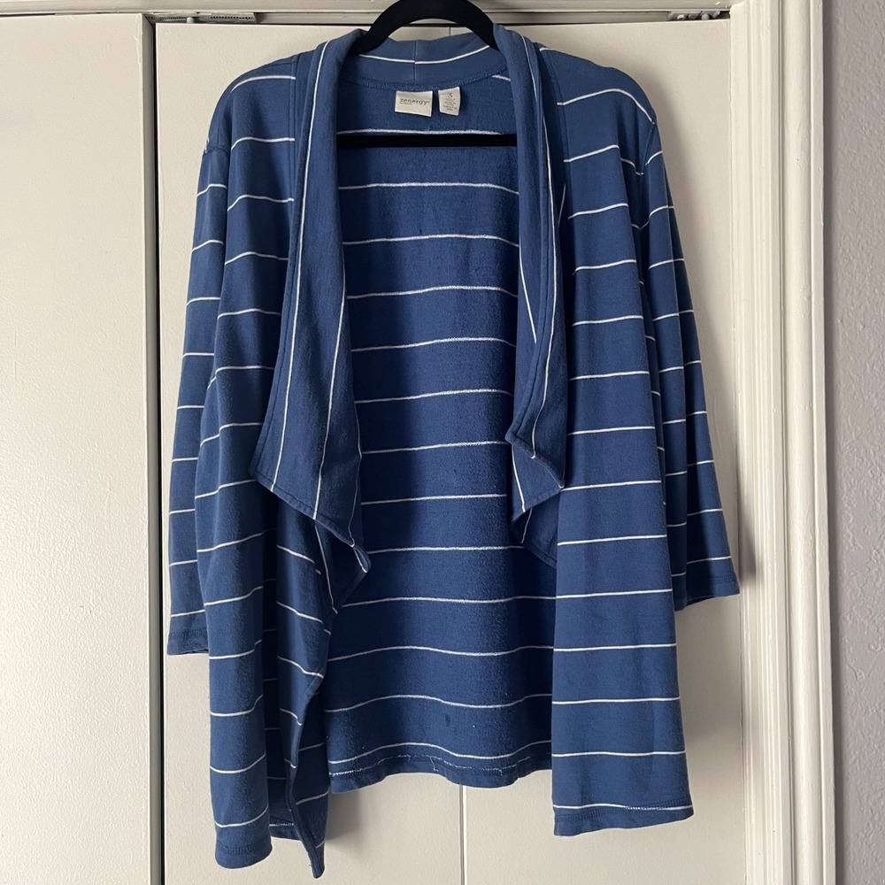 Zenergy by Chico's Striped Open Front Cardigan Blue White Size 3‎